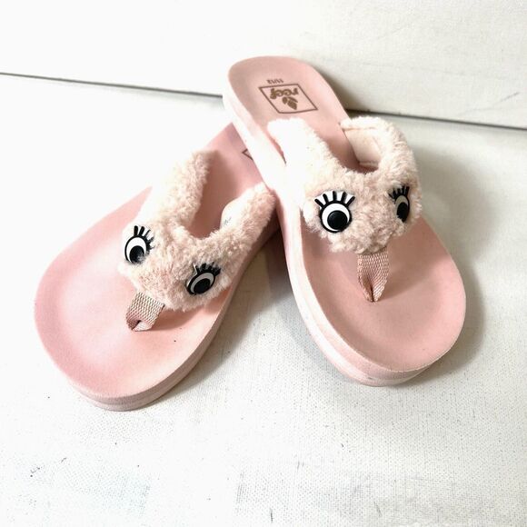 Reef Kids Flat Rubber Thong Pink Sandals Little Girls 11/12 Pink Faux Fur Straps - Picture 3 of 10